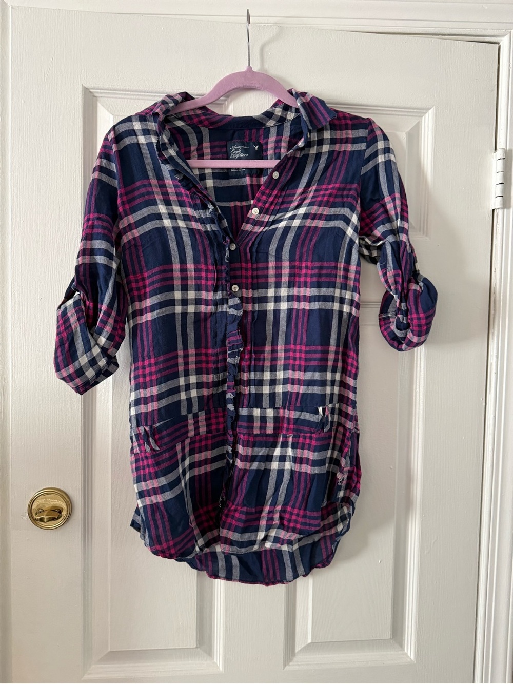 American Eagle Outfitters Navy, Pink & White Plaid Shirt